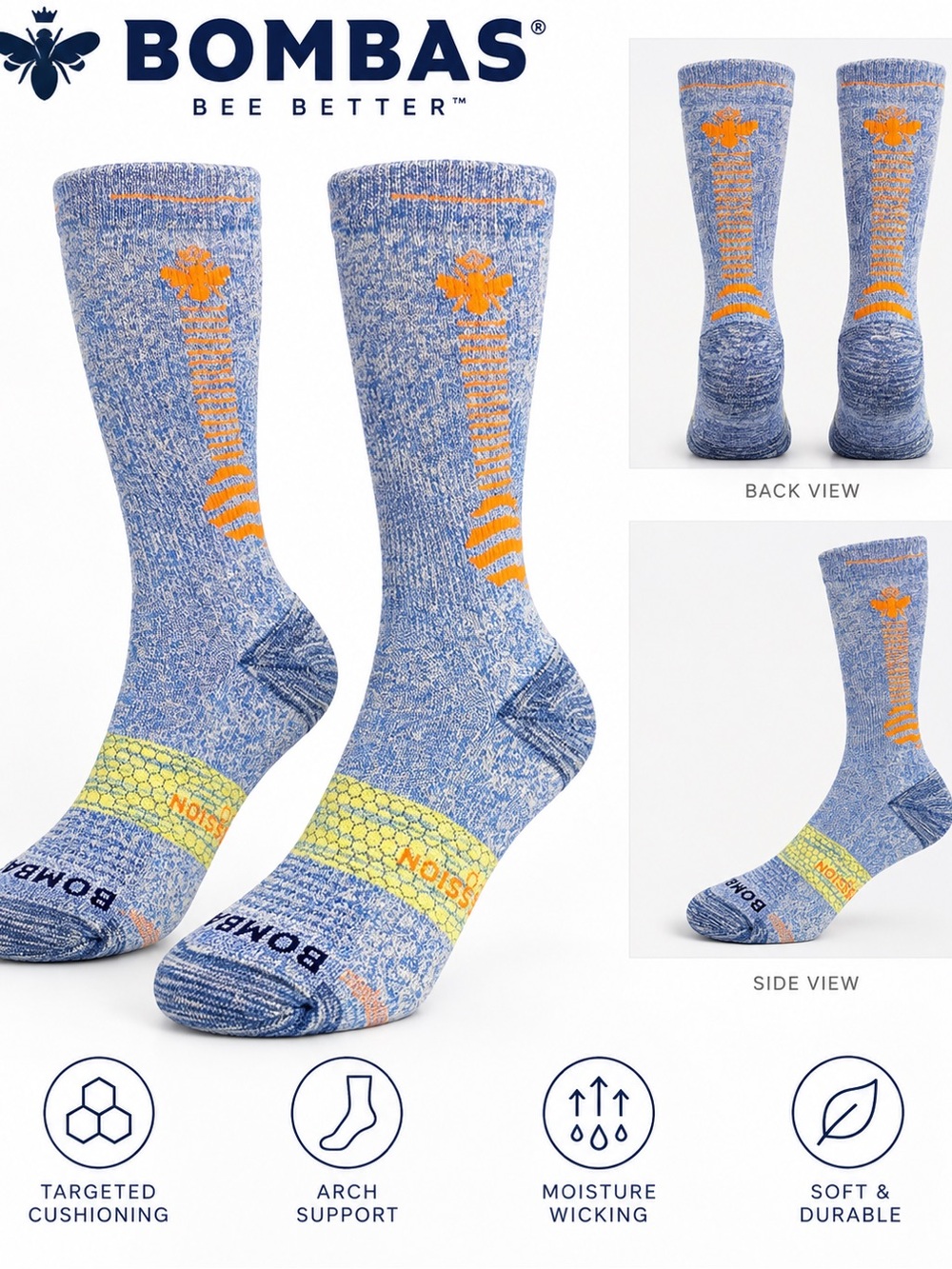 Bombas Bee Better Blue Orange Cushioned Crew Socks